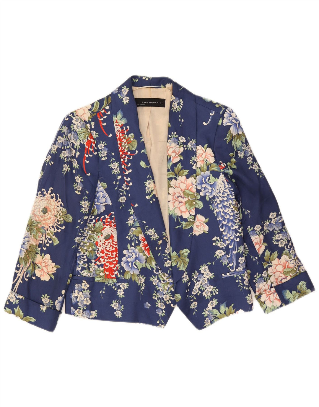 Zara Damen Crop 1 Button Blazer Jacke UK 14 Medium Navy Blue Floral