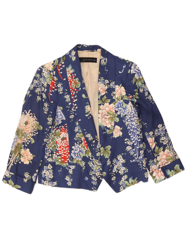 Zara Damen Crop 1 Button Blazer Jacke UK 14 Medium Navy Blue Floral