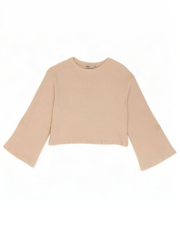 Zara Damen Crop Top 3/4 Ärmel UK 14 Mittelbeige Baumwolle