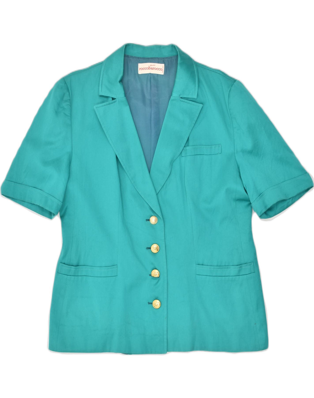 ROCCOBAROCCO Womens 4 Button Short Sleeve Blazer Jacket UK 14 Large Blue | Vintage Roccobarocco | Thrift | Second-Hand Roccobarocco | Used Clothing | Messina Hembry 