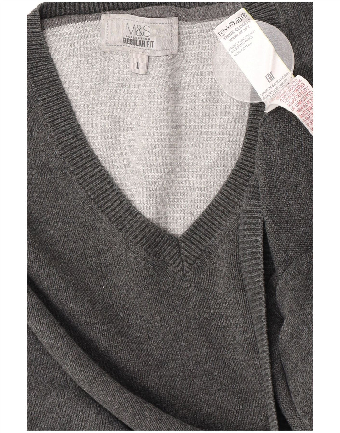 Marks & Spencer Herren-Pullover, reguläre Passform, V-Ausschnitt, groß, aus grauer Baumwolle