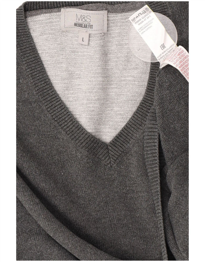 Marks & Spencer Herren-Pullover, reguläre Passform, V-Ausschnitt, groß, aus grauer Baumwolle