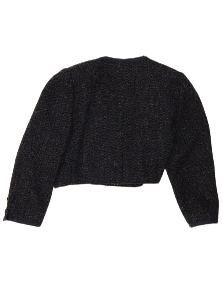 Vintage Damen 3/4 Ärmel Bolero Jacke UK 12 Mittel Marineblau Fischgrätenmuster