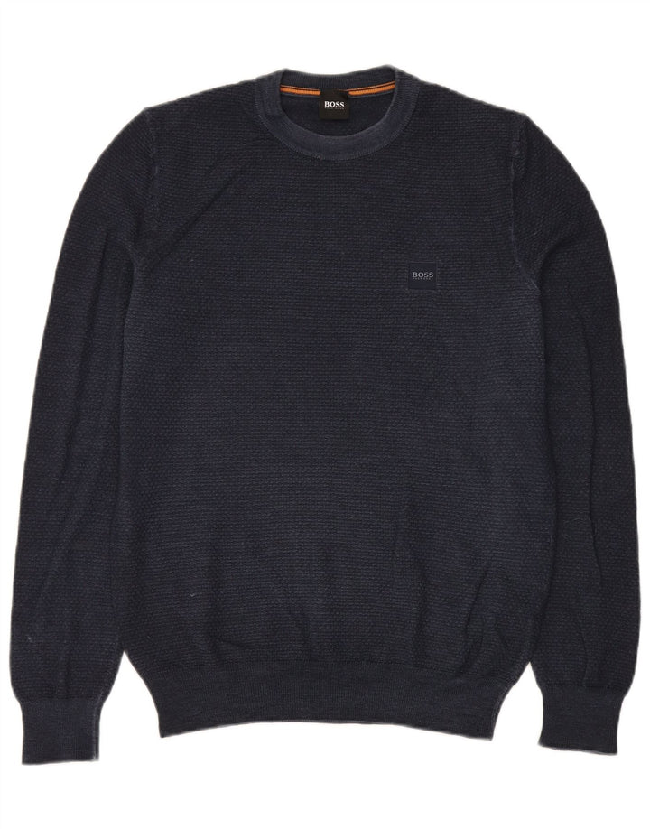 Hugo Boss Herren-Pullover mit Rundhalsausschnitt, mittlere marineblaue Schurwolle