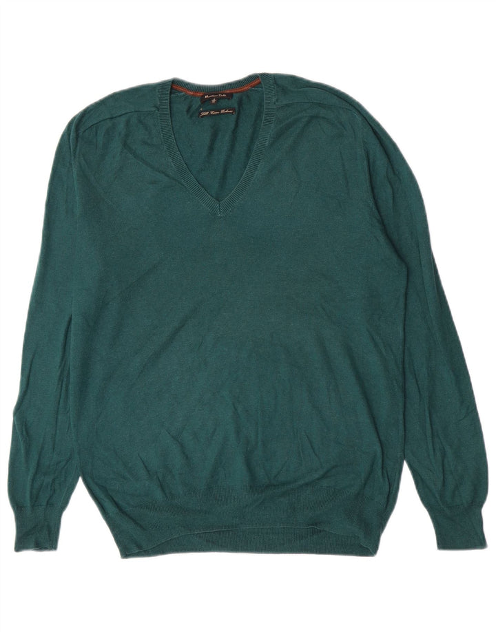 Massimo Dutti Herren-Pullover mit V-Ausschnitt, kleine grüne Seide