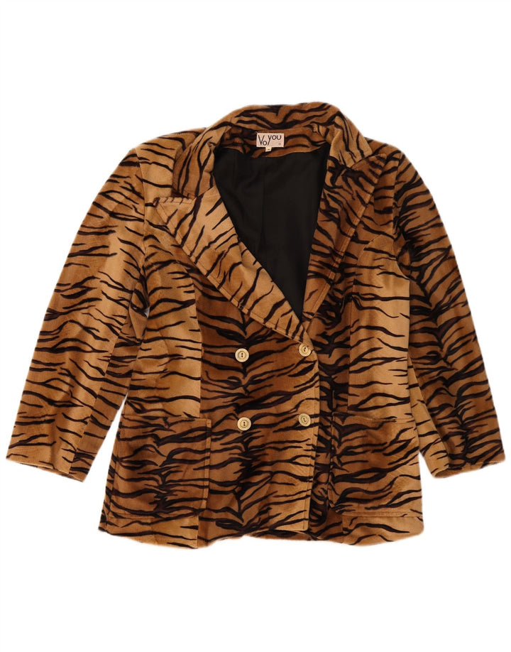 Vintage Damen Fleece Blazer Jacke UK 14 Medium Beige Animal Print