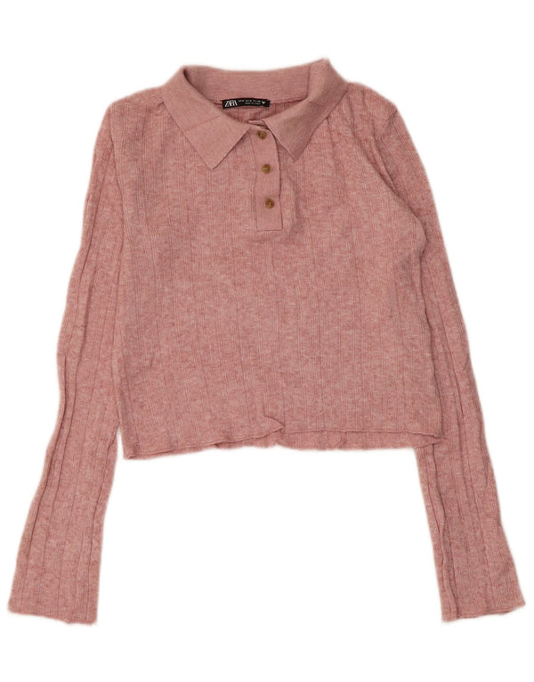 Zara Damen Crop Polo Neck Pullover Pullover UK 8 Small Rosa Viskose
