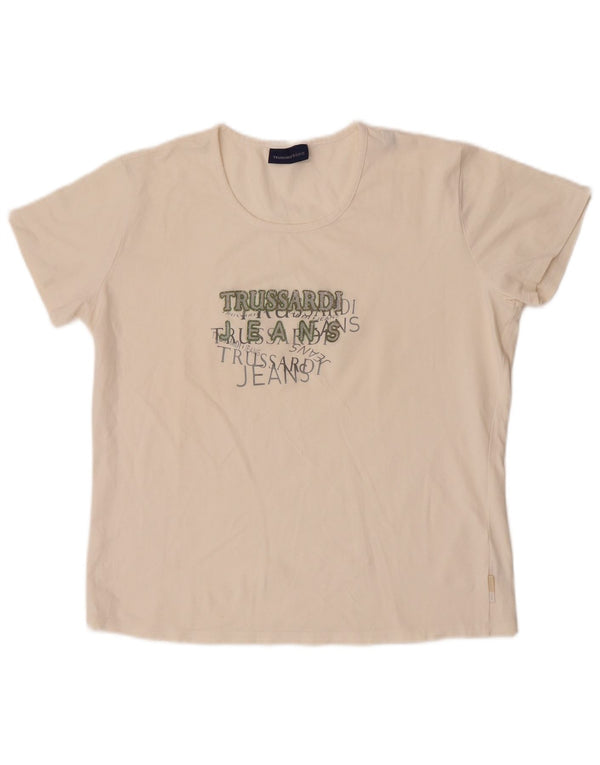 Trussardi Jeans Damen Crop Graphic T-Shirt Top UK 20 2XL Off White Cotton