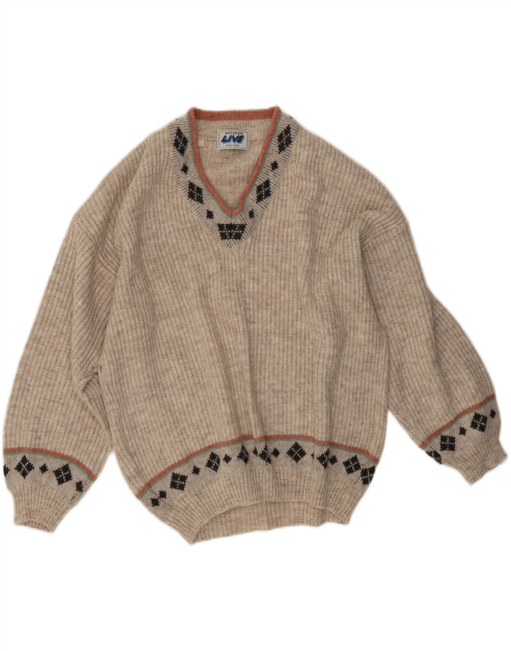 Vintage Herren V-Ausschnitt Pullover Pullover Medium Beige Geometrisch