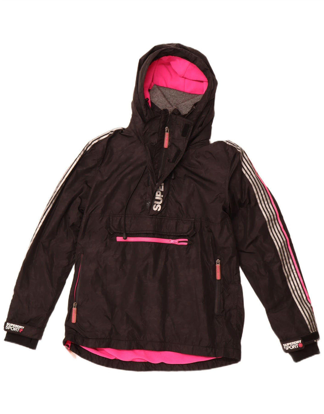 SUPERDRY Anorakjacke mit grafischer Kapuze für Damen, UK 8, Größe S, schwarzes Nylon