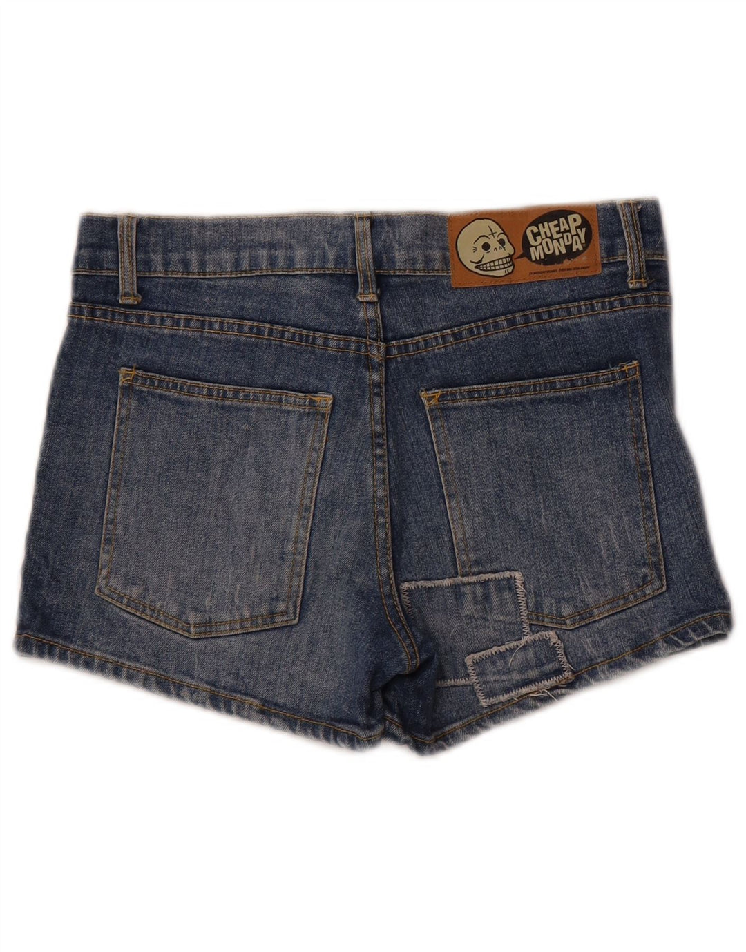 Cheap Monday Damen-Jeansshorts im Used-Look, W29, mittelblau, Patchwork