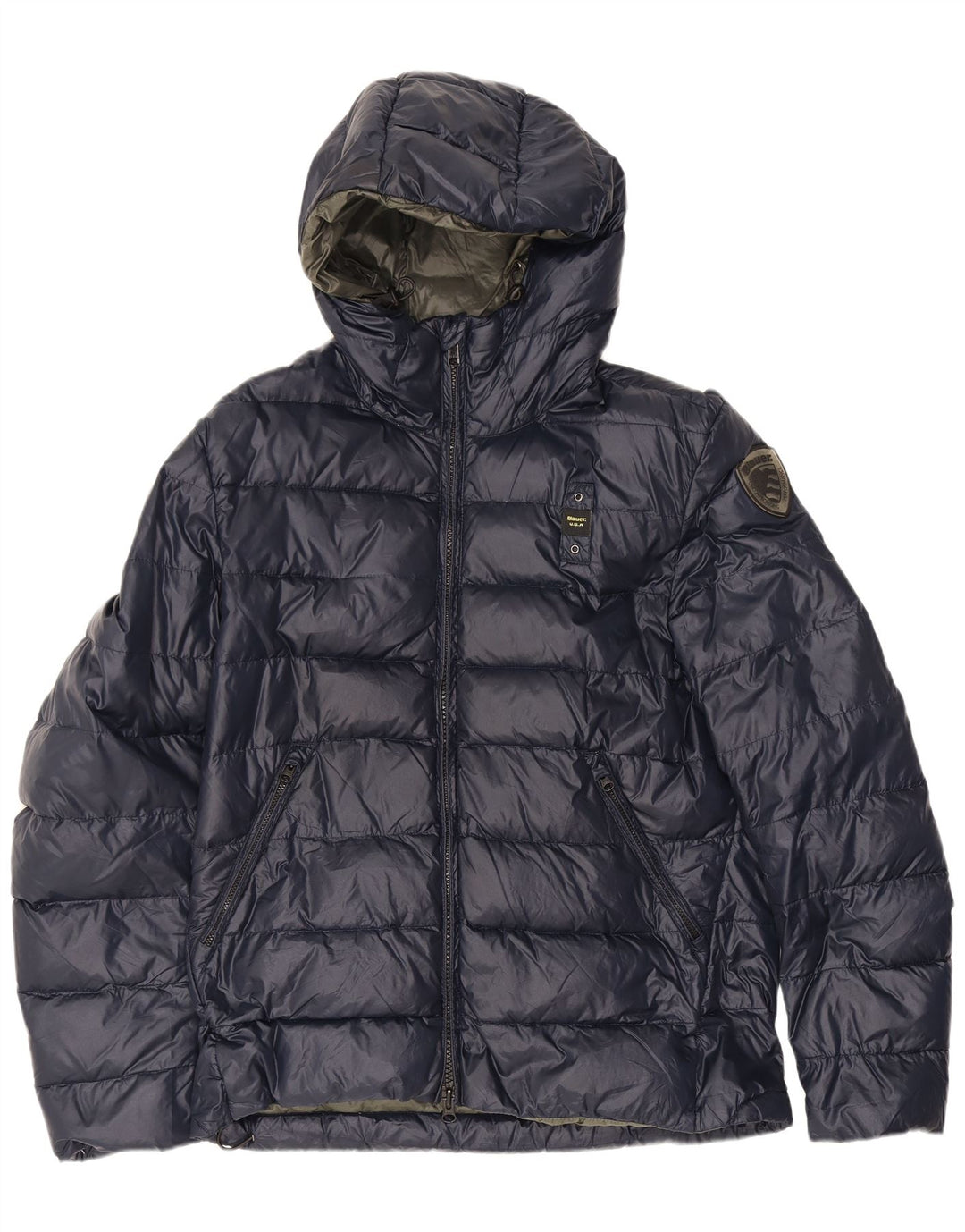 Blauer wattierte Herrenjacke mit Kapuze, UK 40, Größe L, marineblau, Polyamid