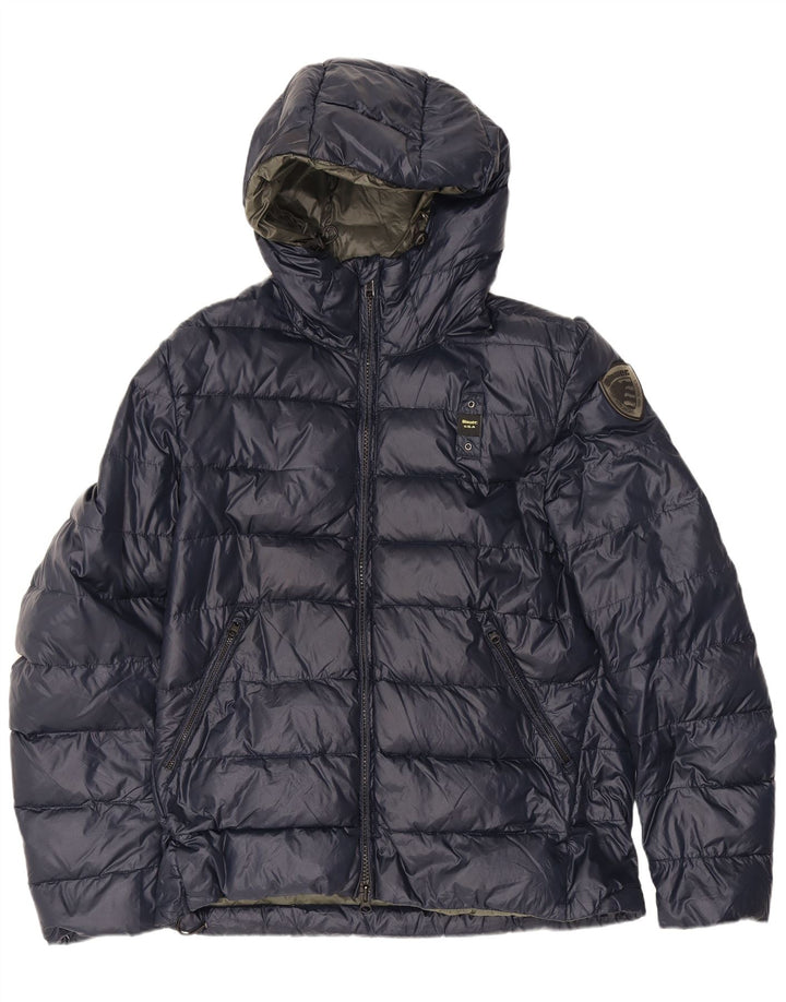 Blauer wattierte Herrenjacke mit Kapuze, UK 40, Größe L, marineblau, Polyamid