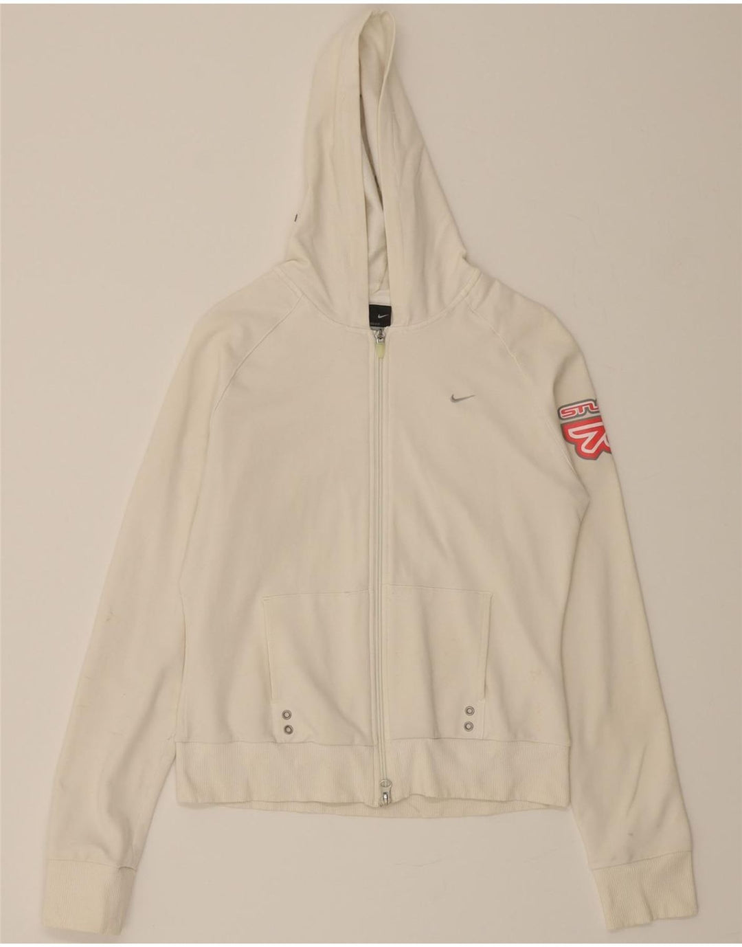 NIKE Womens Zip Hoodie Sweater UK 14/16 Medium White Polyester Vintage Nike and Second-Hand Nike from Messina Hembry 