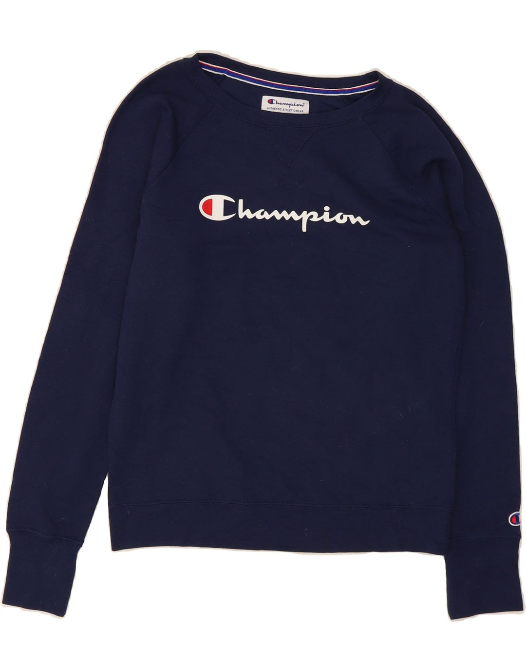 CHAMPION Womens Graphic Sweatshirt Jumper UK 10 Small Navy Blue Polyester Vintage Champion and Second-Hand Champion from Messina Hembry 
