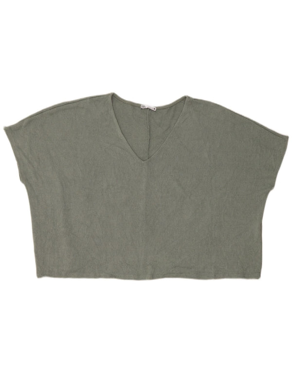 Zara Damen Crop Übergroßes Strick-Crop-Top UK 14 Mittelgrüne Viskose