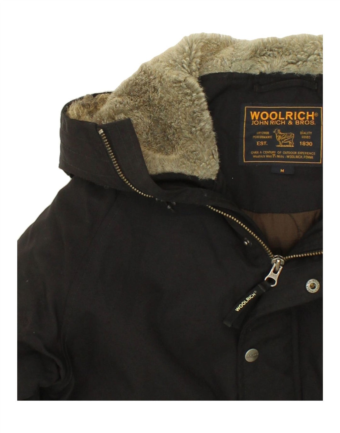 WOOLRICH Herren Bomberjacke mit Kapuze, gepolstert, UK 38, Mittelschwarzes Nylon