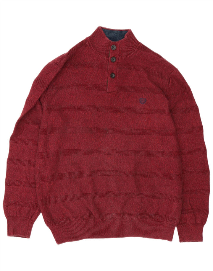 Chaps Herren-Pullover mit Knopfkragen, mittlerer Burgunderrot, gestreift, Baumwolle