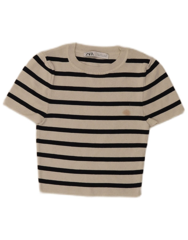 Zara Damen Crop Top UK 8 Small Weiß gestreifte Viskose