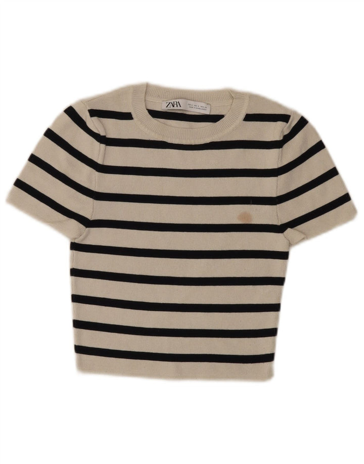 Zara Damen Crop Top UK 8 Small Weiß gestreifte Viskose