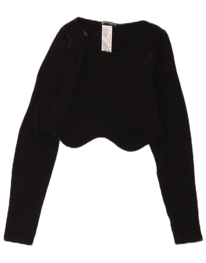 Zara Damen Crop Top Langarm UK 4 XS Schwarz Polyamid