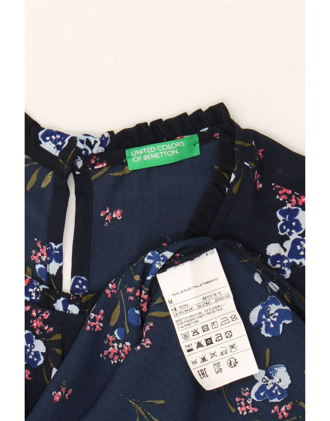 BENETTON Womens Blouse Top UK 14 Medium Navy Blue Floral Polyester Vintage Benetton and Second-Hand Benetton from Messina Hembry 