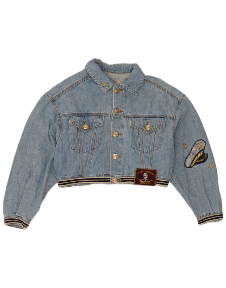 Vintage Damen Graphic Crop Denim Jacke UK 14 Mittelblaue Baumwolle