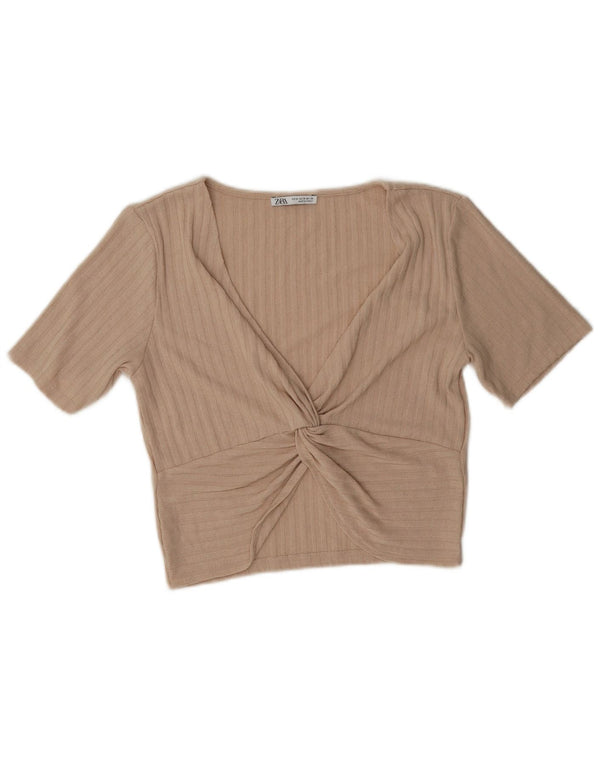 Zara Damen Crop Bluse Top UK 12 Medium Beige Polyester