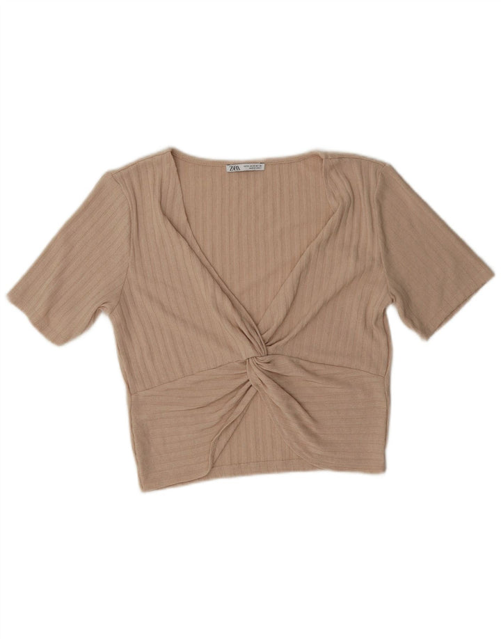 Zara Damen Crop Bluse Top UK 12 Medium Beige Polyester