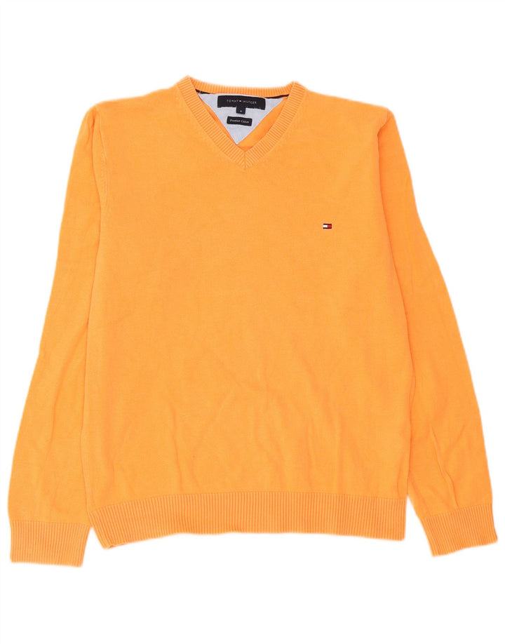 Tommy Hilfiger Herren-Pullover mit V-Ausschnitt aus mitteloranger Baumwolle
