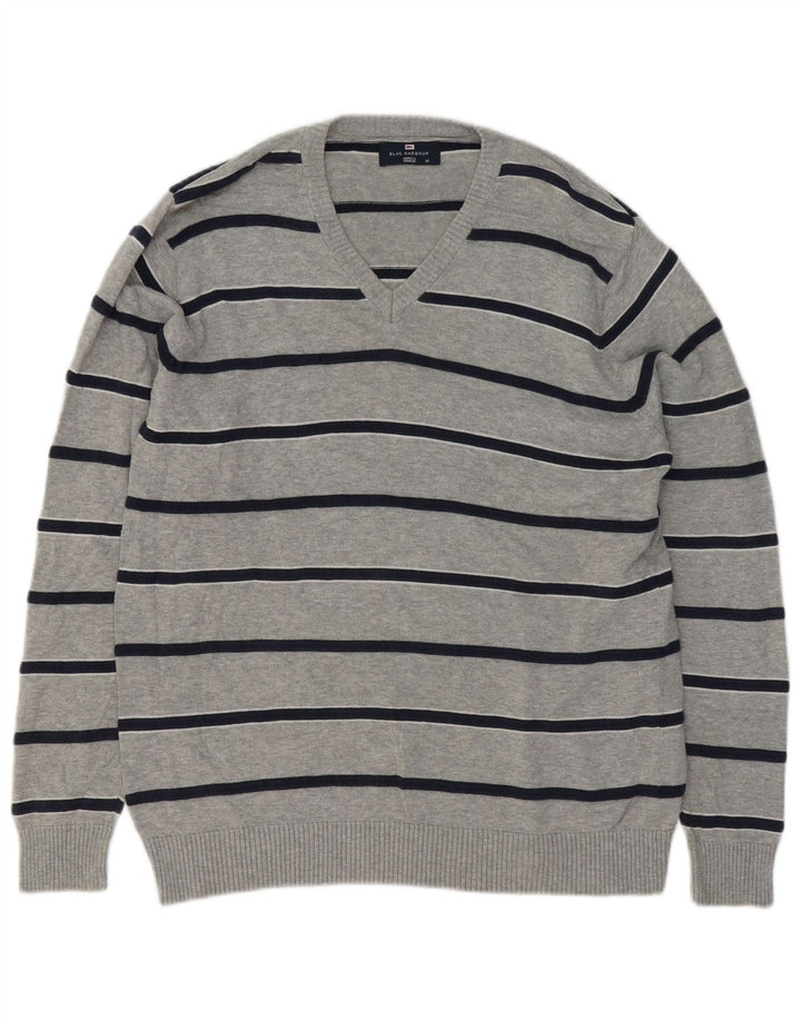 Marks & Spencer Herren Blue Harbor V-Ausschnitt Pullover Pullover Mittelgrau gestreift