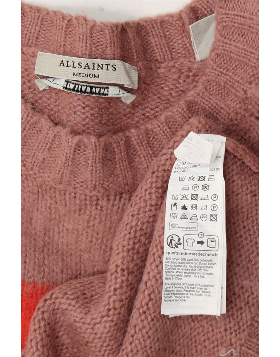 ALL SAINTS Damen-Pullover mit Rundhalsausschnitt, UK 14, mittelrosa, Farbblock