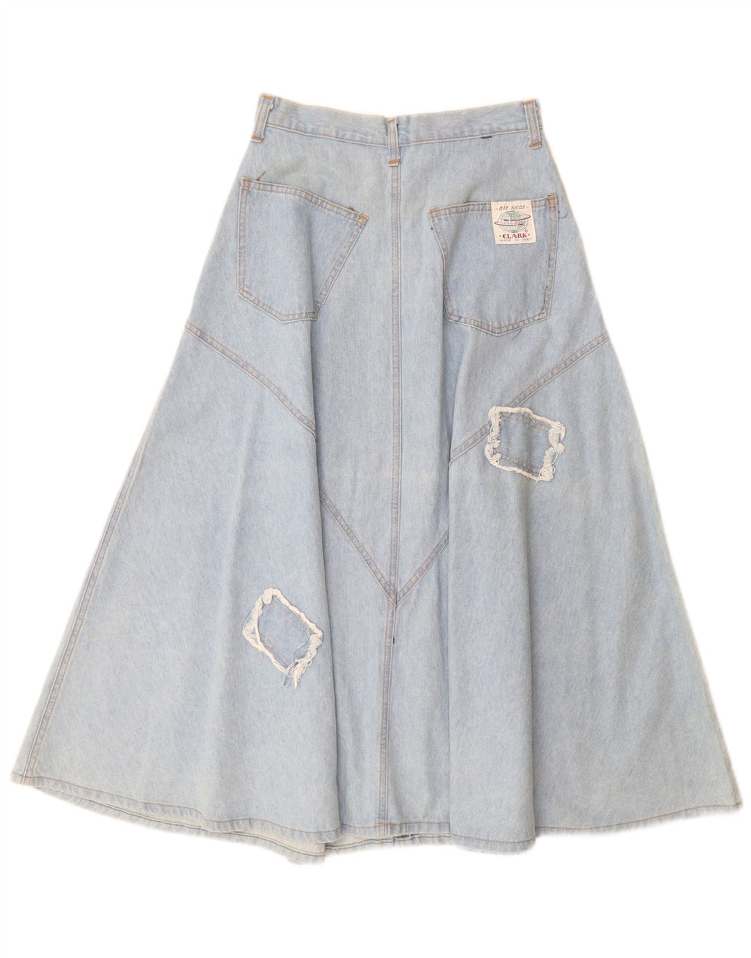 CLARK Damen-Jeansrock mit hoher Taille, Größe 44, mittelgroß, W26, blaue Patchwork-Baumwolle