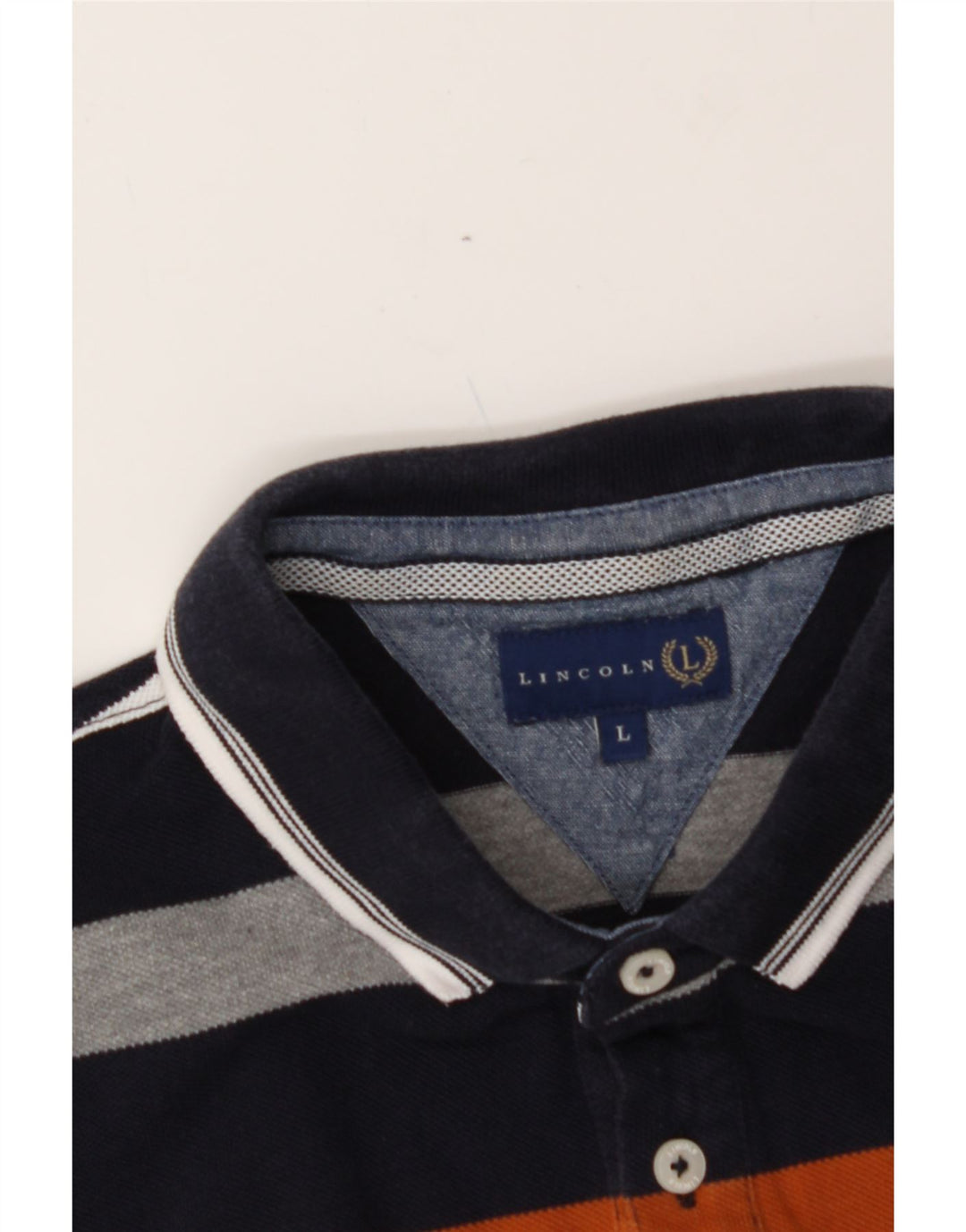 LINCOLN Mens Polo Shirt Large Navy Blue Striped Cotton Vintage Lincoln and Second-Hand Lincoln from Messina Hembry 