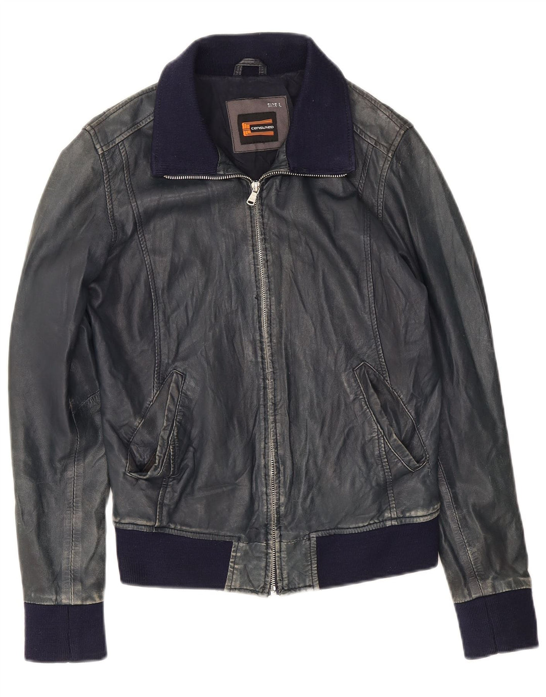 Censured Damen Bomber-Lederjacke UK 14 Großes marineblaues Leder