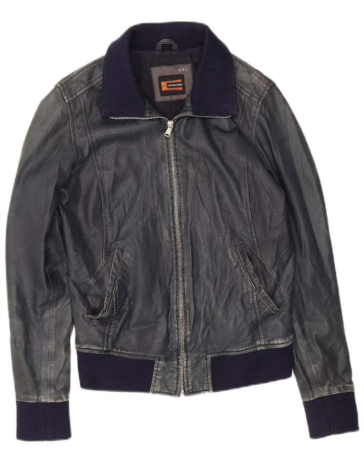 Censured Damen Bomber-Lederjacke UK 14 Großes marineblaues Leder