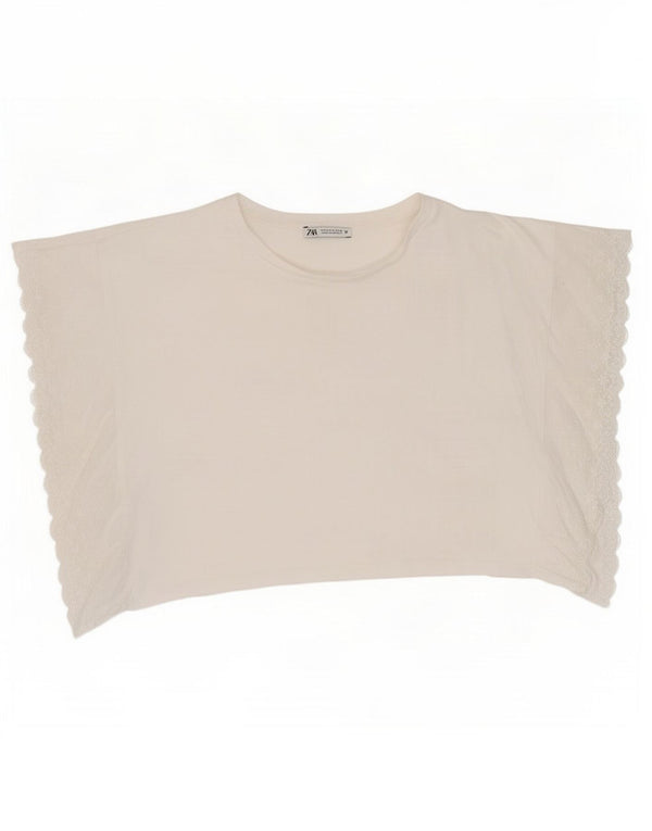 Zara Damen Loose Fit Crop T-Shirt Top UK 10 Small Weiße Baumwolle