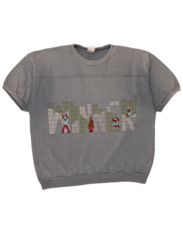 Vintage Damen Grafik Kurzarm Sweatshirt Pullover UK 16 Large Blau