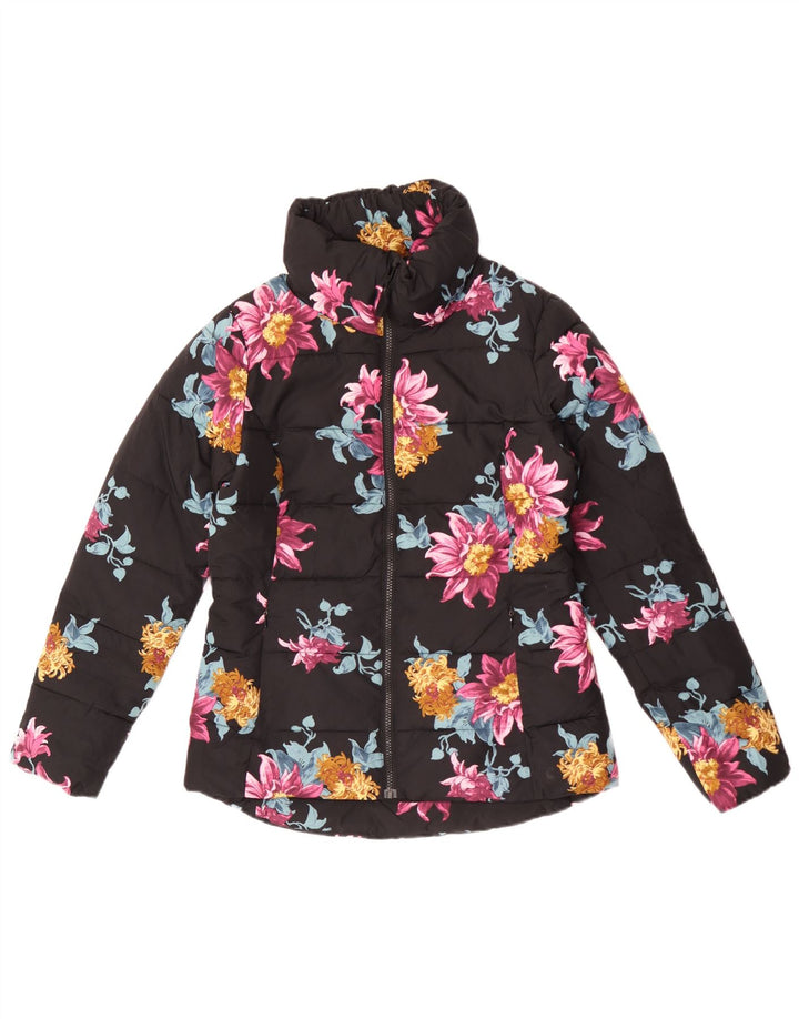 Joules Damen Übergroße wattierte Jacke UK 10 Small Schwarz geblümtes Polyester