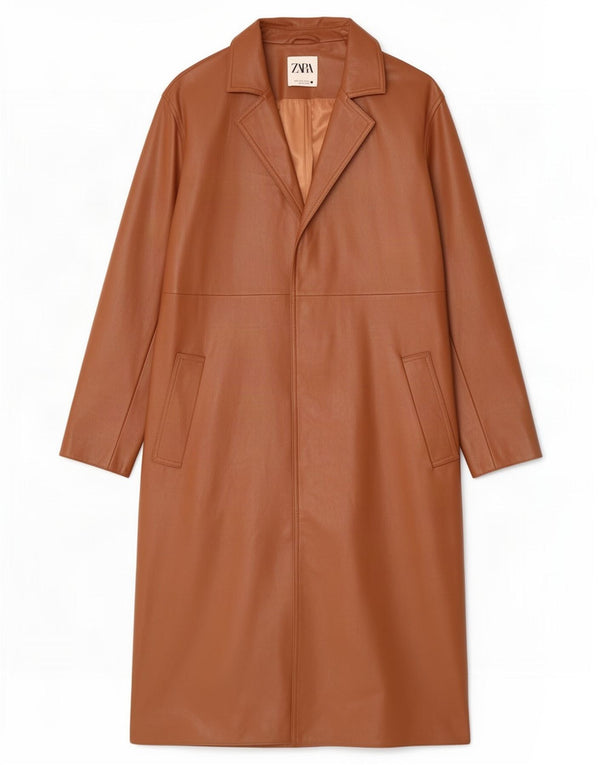 Zara Damen Übergroßer Kunstledermantel UK 10 Small Braun Polyurethan