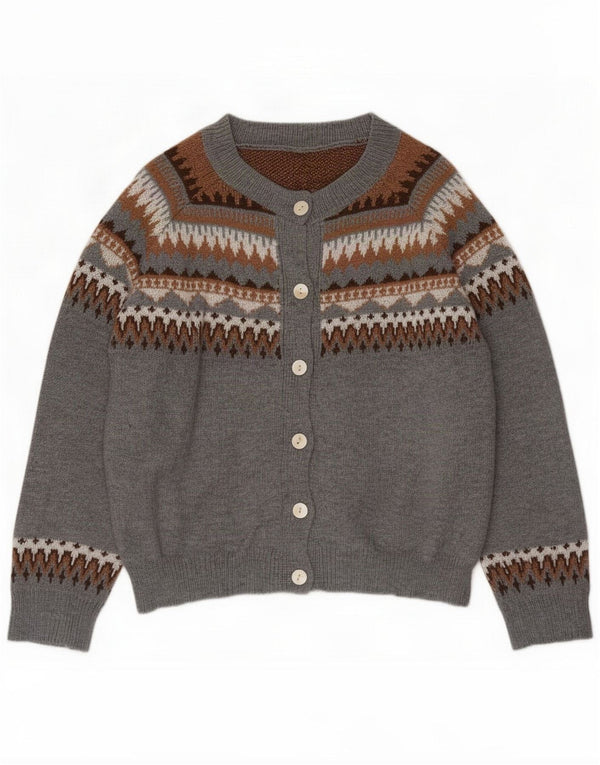 Vintage Damen Strickjacke UK 16 Large Grau Fair Isle Polyester