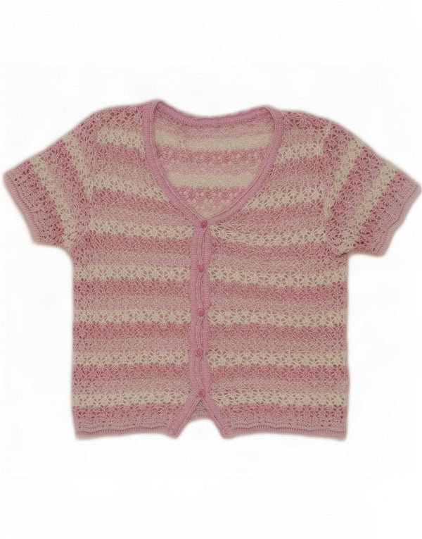 Vintage Damen Kurzarm-Cardigan-Pullover UK 14 Mittelrosa gestreift