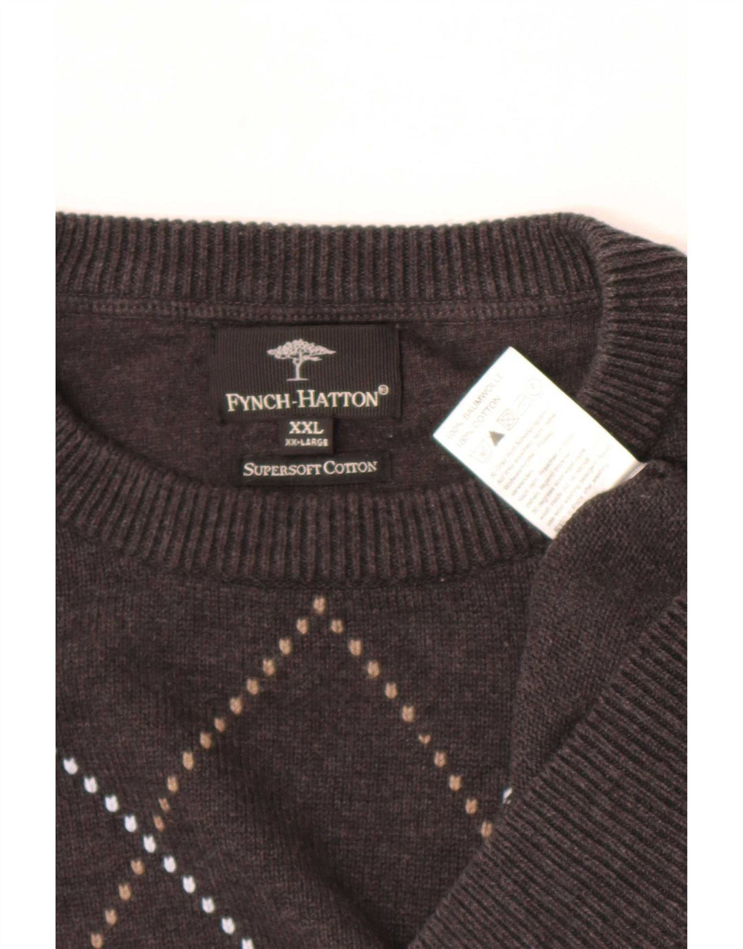 Fynch Hatton Herren-Pullover mit Rundhalsausschnitt, 2XL, graue Argyle/Diamant-Baumwolle