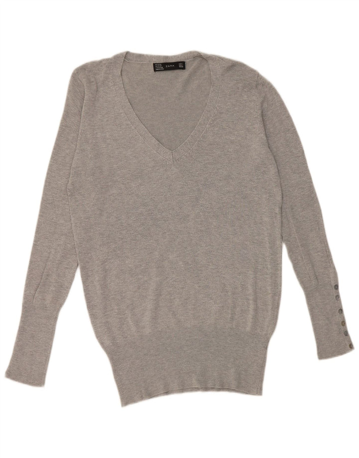 Zara Damen-Pullover mit V-Ausschnitt, Gr. 42, Größe L, grau, Viskose