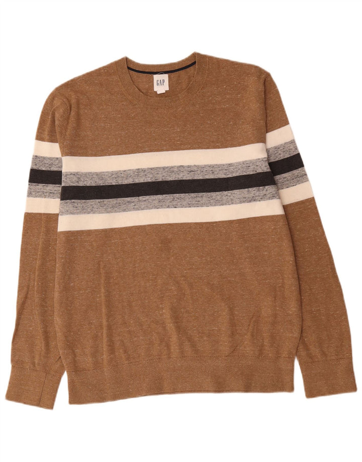 Gap Herren-Pullover mit Rundhalsausschnitt, mittelbraun, gestreift, Baumwolle