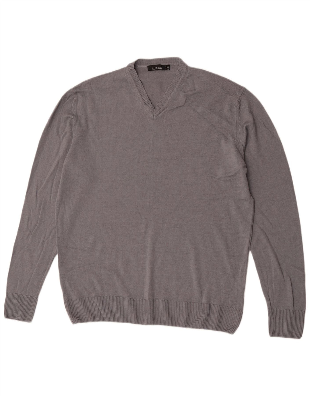 Zara Herren-Pullover mit V-Ausschnitt, XL, graue Wolle