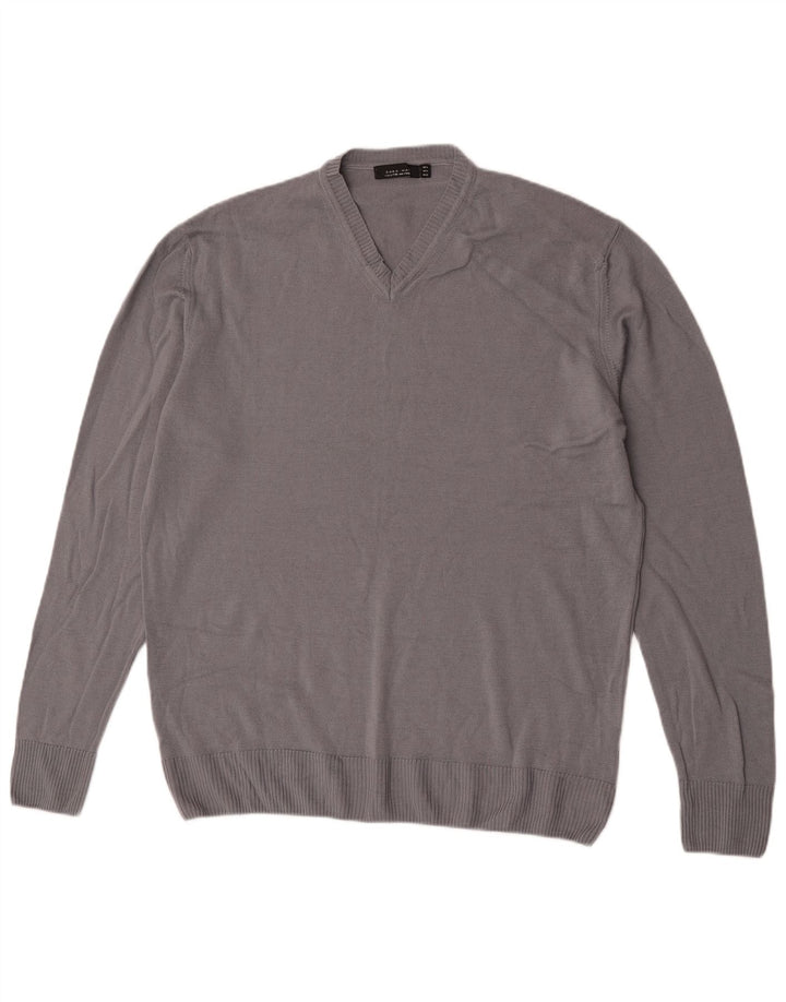 Zara Herren-Pullover mit V-Ausschnitt, XL, graue Wolle