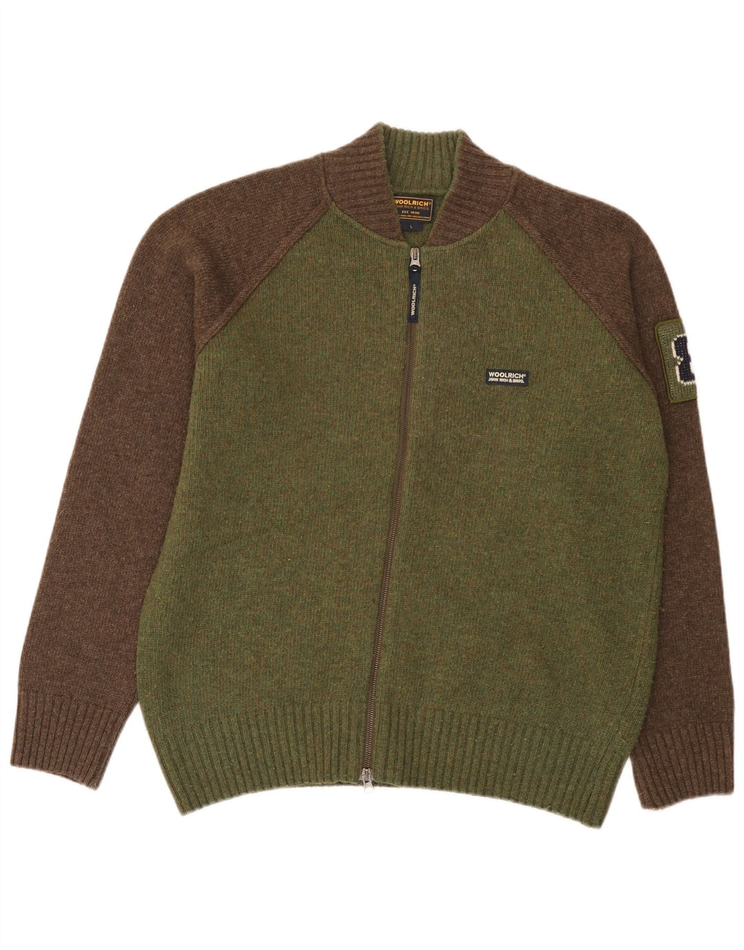Woolrich Herren-Cardigan mit Grafik, groß, grüne Colourblock-Wolle