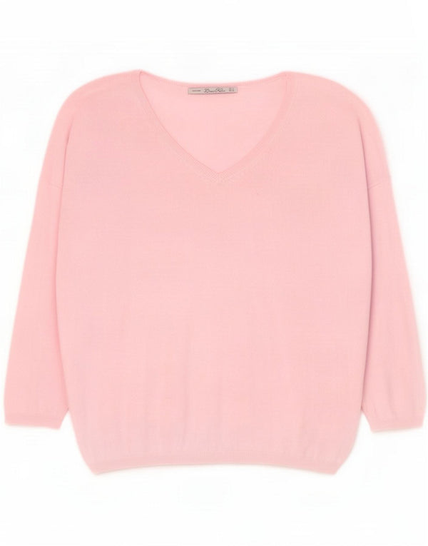 Zara Damen-Pullover mit 3/4-Ärmeln und V-Ausschnitt, UK-Gr. 14, mittelrosa, Baumwolle