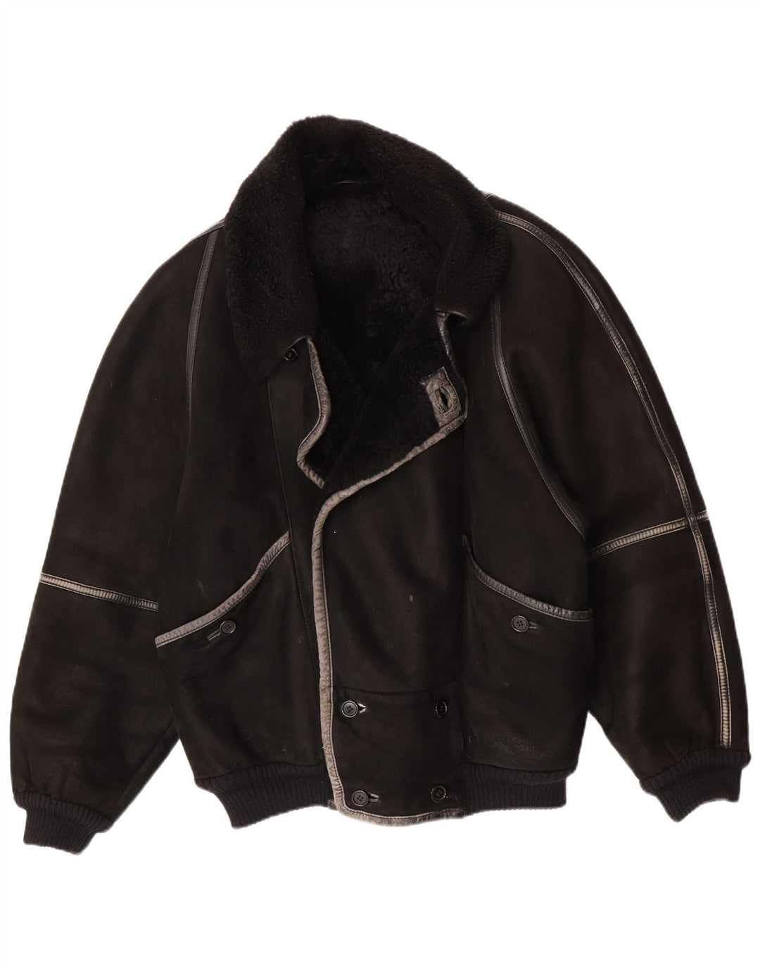 Vintage Herren Shearling Jacke IT 50 Großes schwarzes Shearling